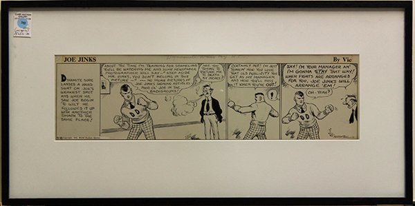 (lot of 3) Clyde Victor Forsythe, Joe Jinks, Comic Draw: (lot of 3) Clyde Victor Forsythe (American, 1885-1962), "Joe Jinks," 1931, original comic strip art, ink on paper and collage, signed "Forsythe" on each, overall (each/framed): 15.25"h x 29.75"w