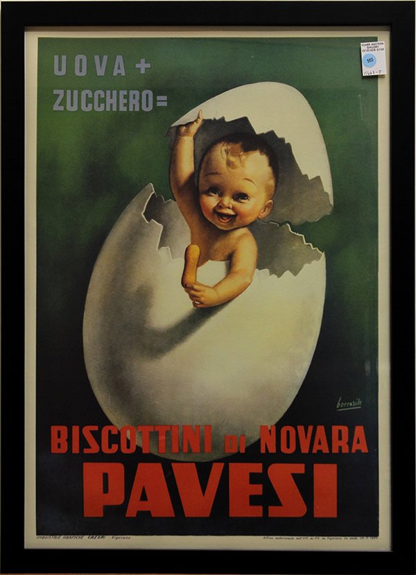 Poster, After Gino Boccasile, Uova + Zucchero = Biscott: After Gino Boccasile (Italian, 1901-1952), "Uova + Zucchero = Biscottini di Novara Pavesi," 1950, dated lower right margin, overall (framed): 30.5"h x 22"w