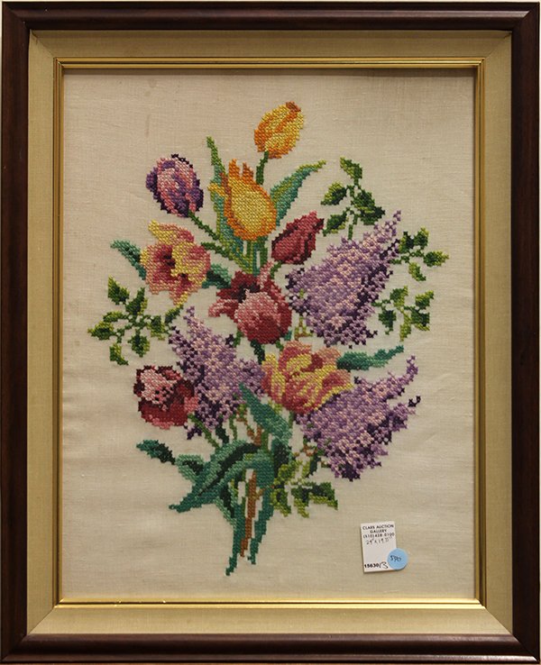 Needlepoint embroideries, American School, Flowers and : (lot of 3) American School (20th century), Bouquets and a Train, unsigned, needlepoint embroideries, overall (framed/largest): 23.5"h x 20"w