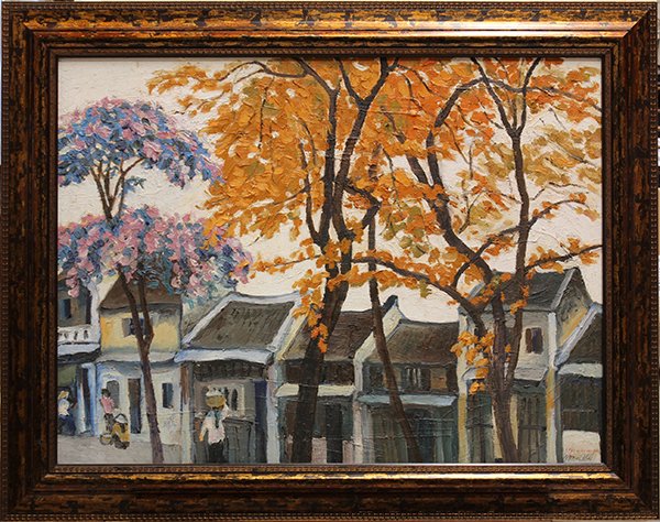 Trinh Thai, Hanoi Street Scene, painting: Trinh Thai (Vietnamese, Contemporary), Hanoi Street Scene, 2002, oil on canvas, signed and dated lower right, overall (with frame): 30"h x 37.5"w