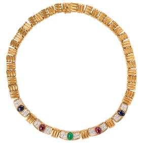 An emerald, ruby, sapphire, diamond, and 18k bicolor gold necklace