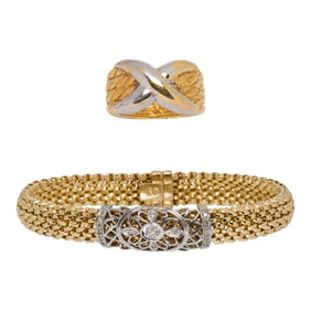 A diamond and 14k bi-color gold bracelet and ring