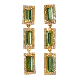 A pair of green tourmaline, diamond, and 14k gold earrings