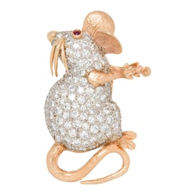 A Hammerman Bros diamond, ruby, cultured pearl and 14k gold brooch