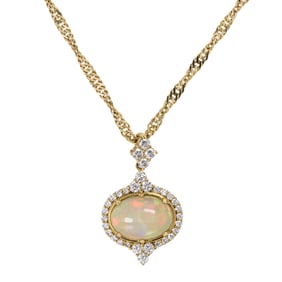 An opal, diamond and 18k gold pendant necklace