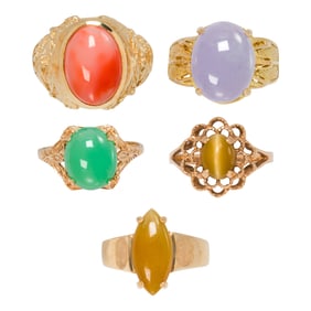 Five gemstone, 10k and 14k gold rings