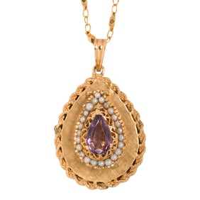 An amethyst, cultured pearl, and 14k gold locket necklace