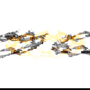 A sapphire, diamond and 18k gold bracelet: A sapphire, diamond and 18k gold braceletdesigned with kite-shaped links set with round brilliant-cut diamonds, connected by channel-set square-cut sapphire bar links; estimated total diamond weight: