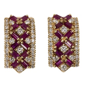 A pair of ruby, diamond, and 14k earrings