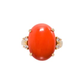 A coral, diamond and 14k gold ring