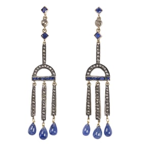 A pair of diamond, sapphire, and silver topped14k gold earrings
