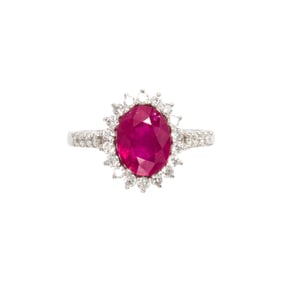 A Burmese ruby, diamond and 18k white gold ring