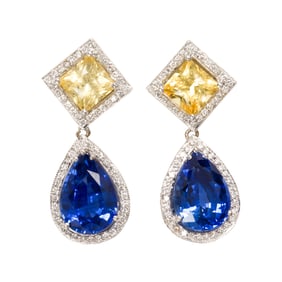 A pair of sapphire, diamond, and 18k white gold earrings