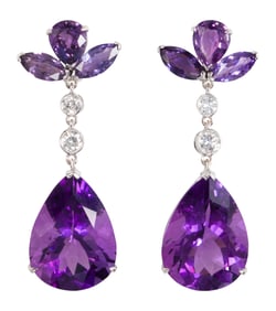 A pair of amethyst, diamond, and 18k white gold earrings