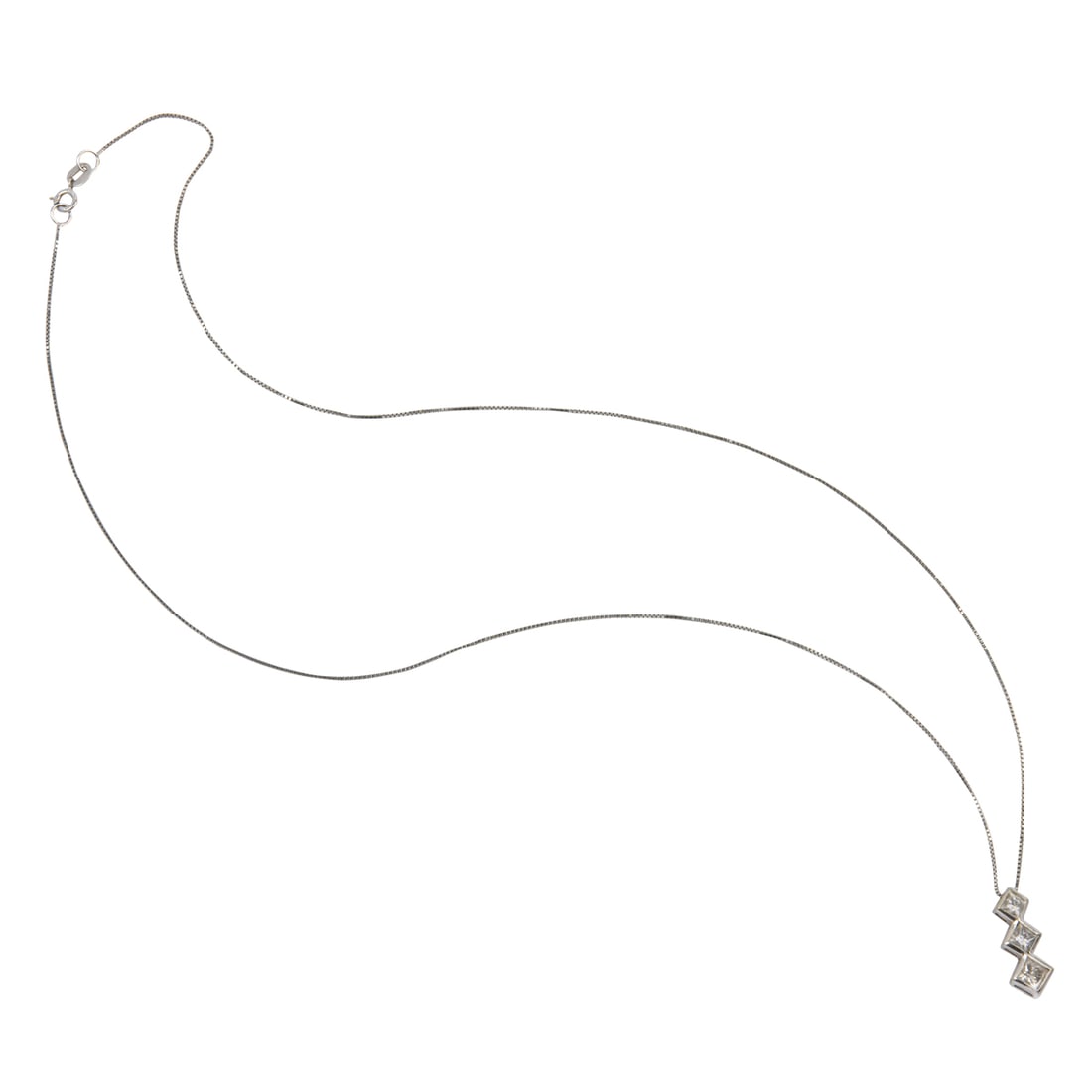 A diamond and 14k white gold pendant necklace: A diamond and 14k white gold pendant necklaceThe pendant designed as three stacked, round brilliant-cut diamonds weighing a total of 0.50 carat; pendant length: 5/8 in; chain length: 18 1/2 in; 2.40 g