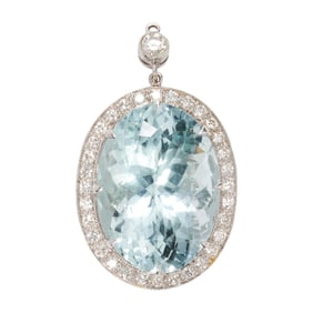 An aquamarine, diamond, and platinum pendant
