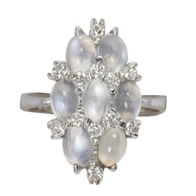 A moonstone, diamond, and 14k white gold ring