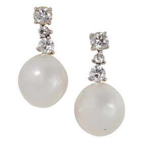 A pair of cultured pearl, diamond, and 14k white gold earrings