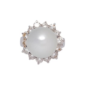 A South Sea cultured pearl, diamond, and 14k white gold ring
