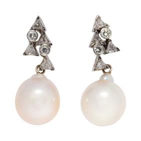 A pair of cultured pearl, diamond, and 14k white gold earrings