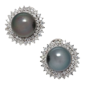 A pair of Tahitian cultured pearl, diamond, and 14k white gold earrings