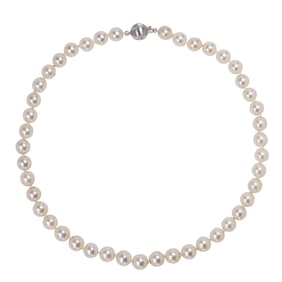 A cultured pearl, diamond, and 14k white gold necklace