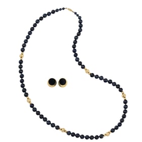 A lapis lazuli and 14k gold necklace and earrings