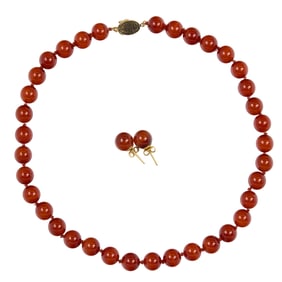 A Gumps carnelian and 14k gold beaded necklace and earrings set