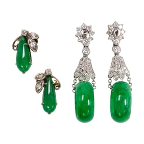 Two pairs of jade, diamond, 14k and 18k white gold earrings