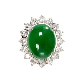 A jade, diamond, and 14k white gold ring
