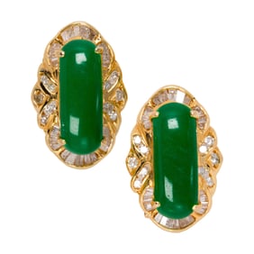 A pair of jade, diamond, and 18k gold earrings