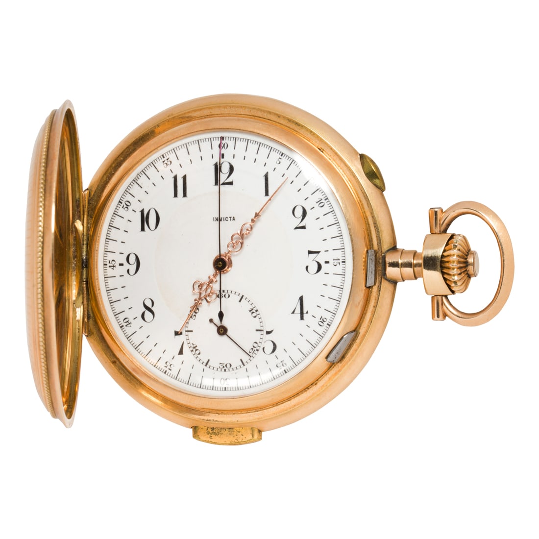 An Invicta 14k gold minute repeater pocket watch: An Invicta 14k gold minute repeater pocket watchthe white dial with enameled Arabic hours, gold ornate hands, second subsidiary dial, within four bodied case containing a minute repeater movement; acc