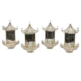 A set of four Maison Bagues beaded glass, gilt iron and mirrored glass wall sconces