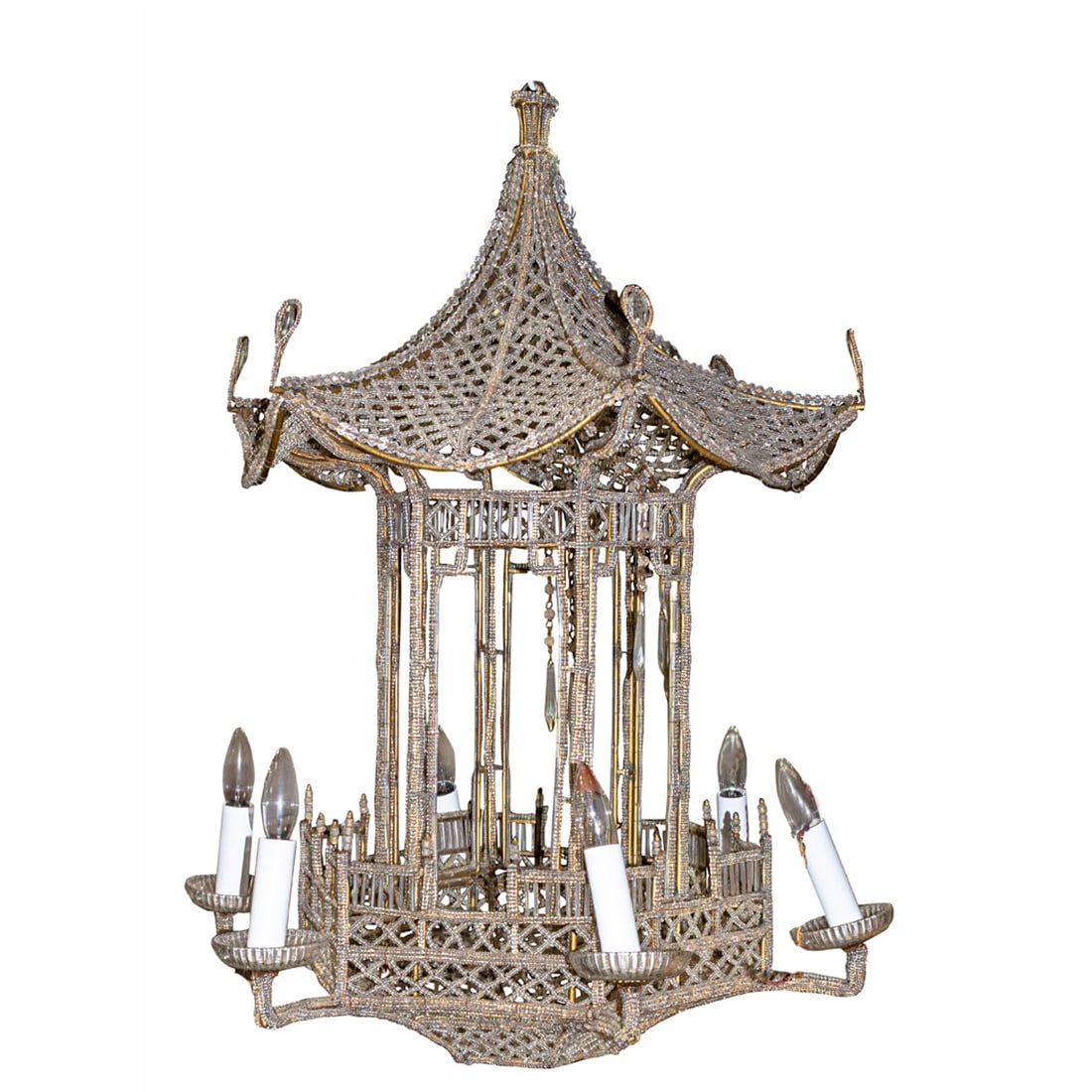 A French glass bead and gilt iron pagoda form six light chandelier in the manner of Maison Bagues (1 of 7)