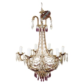A Continental glass bead and gilt metal six-light chandelier with amethyst glass drops