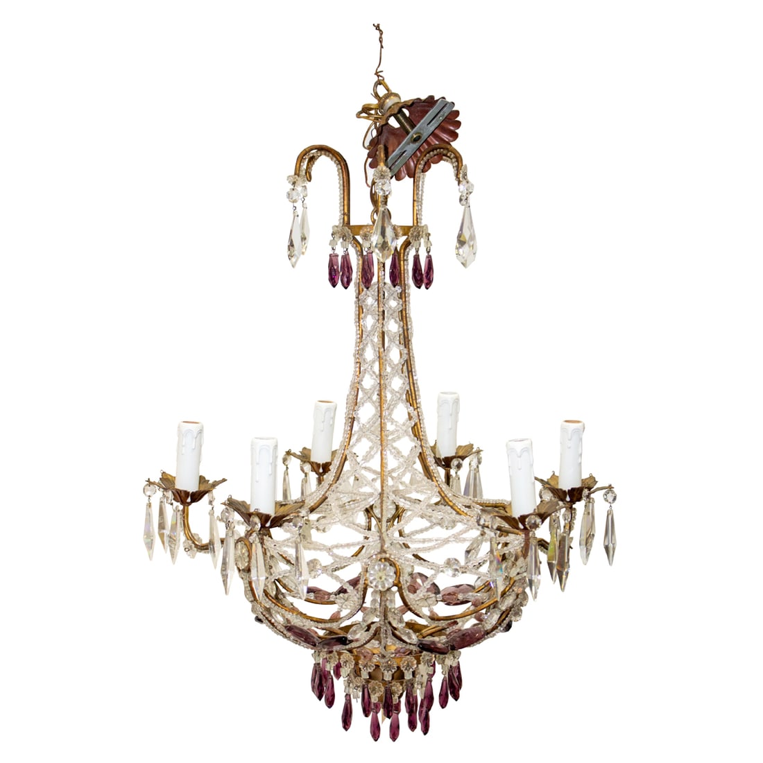 A Continental glass bead and gilt metal six-light chandelier with amethyst glass drops (1 of 5)