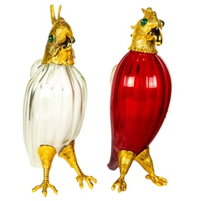 An assembled pair of Italian blown glass figural claret jugs in cockatoo and pheasant forms