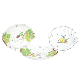 Three Chelsea porcelain dishes