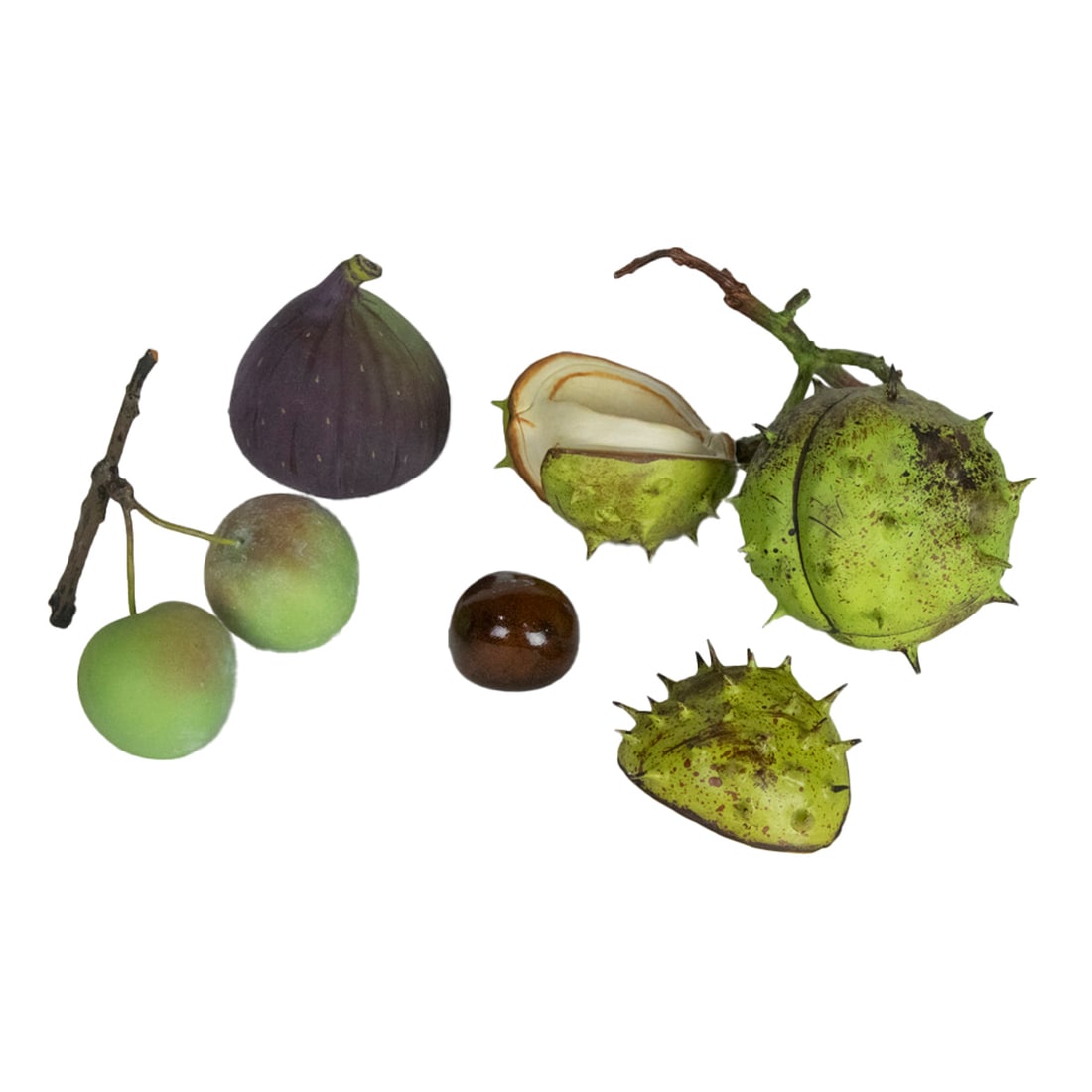 Three Penkridge Ceramics fruits and nuts: Three Penkridge Ceramics fruits and nuts, comprising horse chestnut box with removeable nut; plums and a fig, greatest approximately 2.75" x 5" x 5". Provenance: The Carole Harris Collection, River Ra