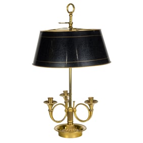 An Empire style gilt brass two-light bouillotte lamp with black tole shade