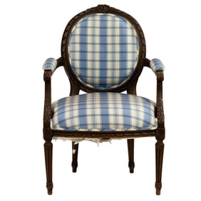 A balloon back arm chair in the Louis XVI style taste upholstered in light blue and white plaid