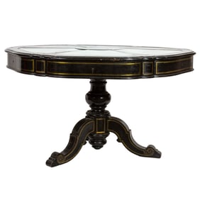 A French lacquered brass string inlaid and mirrored foyer table