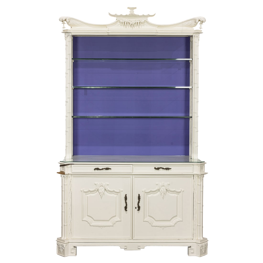 An Ann Getty designed Chinoiserie open cabinet on chest: An Ann Getty designed Chinoiserie open cabinet on chest, with a pagoda crest above the three glass shelves fronting the rich purple back, and resting on the two door case rising on block feet, 95"h x 
