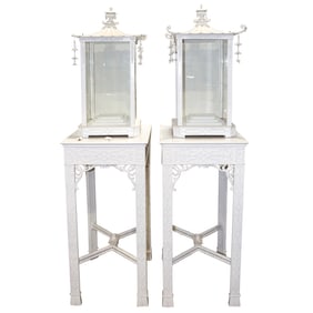 A pair of Ann Getty designed Chinoiserie pagoda presentation cases on stand, the case with cascading