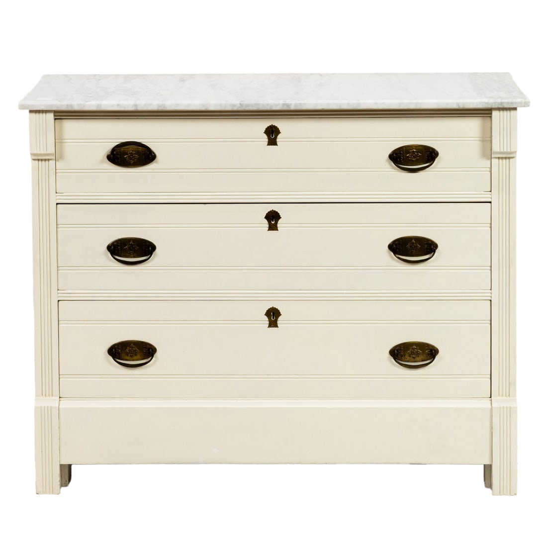 An American white painted dresser with marble top: An American white painted dresser with marble top, late 19th century, 31.75"h x 40"w x 18"d. Provenance: The Carole Harris Collection, River Ranch. The interiors guided by Parish-Hadley (Sister Parish