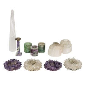 A group of crystal mineral specimen table decorations