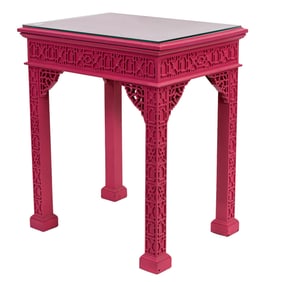 A contemporary pink painted pedestal side table in the Chinese Chippendale taste
