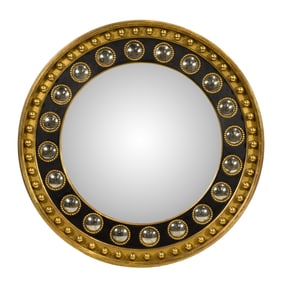 A large contemporary ebonized and parcel gilt convex mirror in the Regency taste