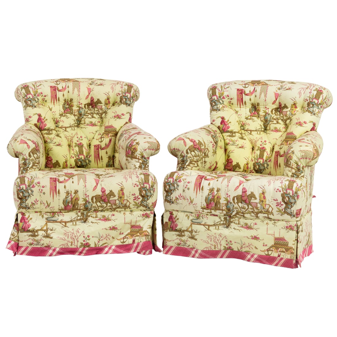 A pair of tufted Chinoiserie upholstered Leggett & Platt swivel rockers: A pair of tufted Chinoiserie upholstered Leggett & Platt swivel rockers, 35"h x 31.25"w x 35"d, seat 18.5"h. Provenance: The Carole Harris Collection, River Ranch. The interiors guided by Parish-Hadle