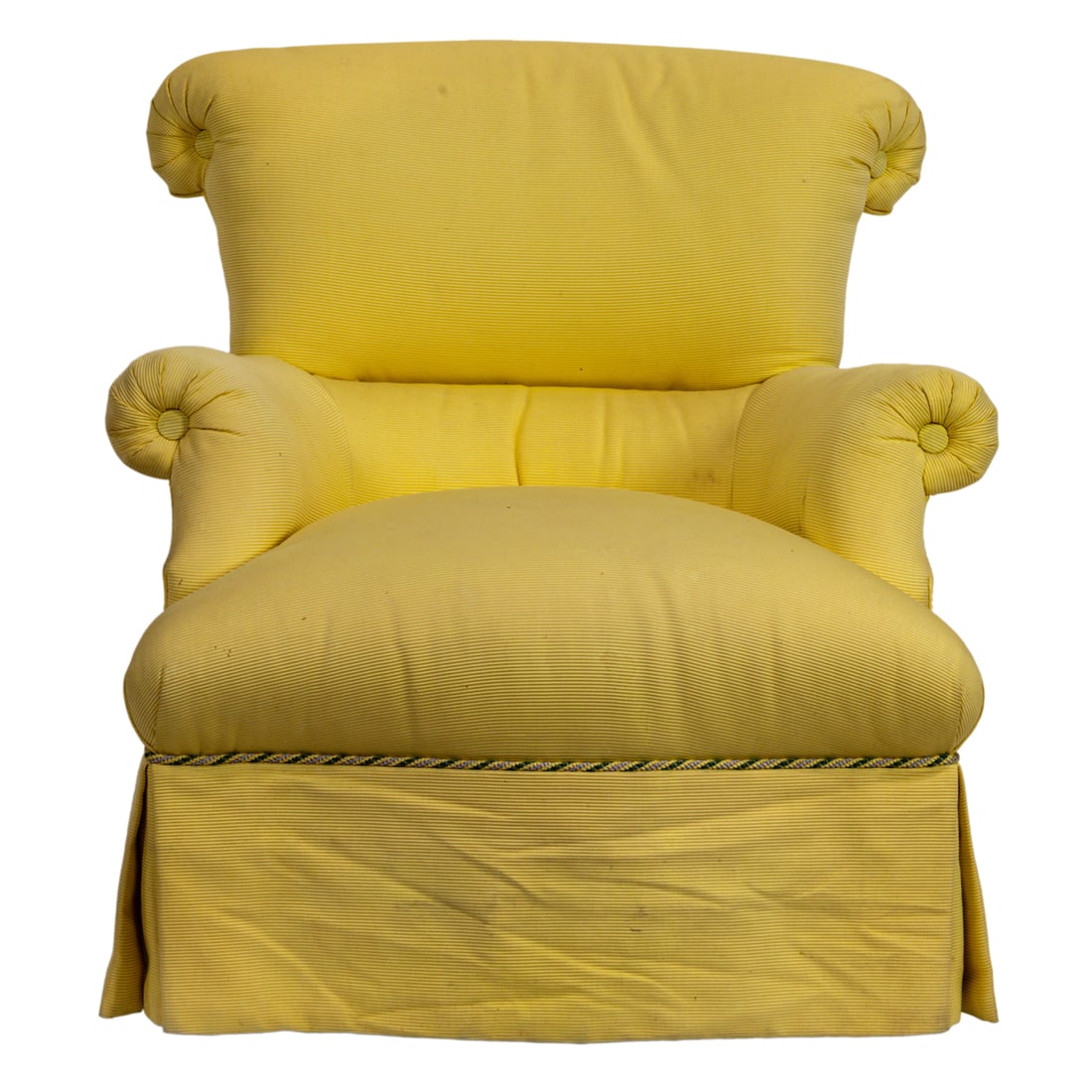 A custom yellow upholstered swivel lounge chair: A custom yellow upholstered swivel lounge chair, with alternating green and yellow piping and button accents, overall 36"h x 30"w x 30"d; seat 17"h. Provenance: The Carole Harris Collection, River Ran